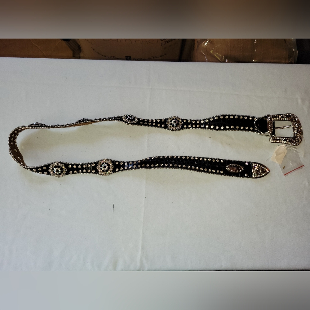 Chic Black Leathet Rhinestone Women's Belt Size XL